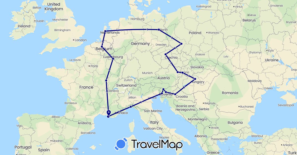 TravelMap itinerary: driving in Austria, Belgium, Czech Republic, Germany, France, Croatia, Hungary, Italy, Luxembourg, Netherlands, Poland, Slovenia, Slovakia (Europe)